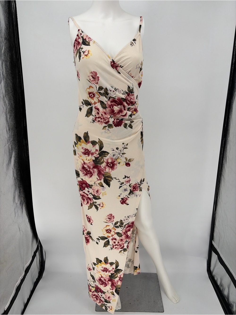 Blush Cream Floral Wrap Maxi Dress with Rose Print